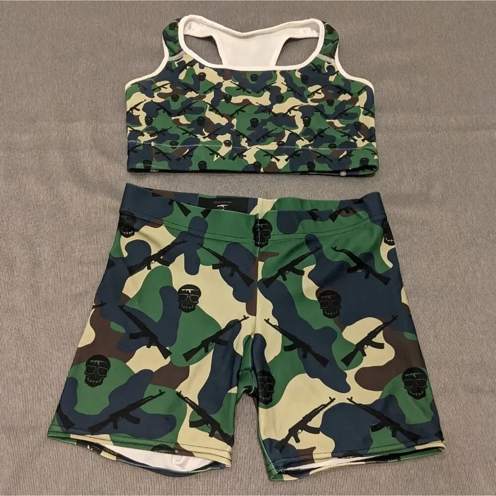 Regnum Dei USA Camo Matching Set Workout Shorts Sports Bra Bike Shorts M